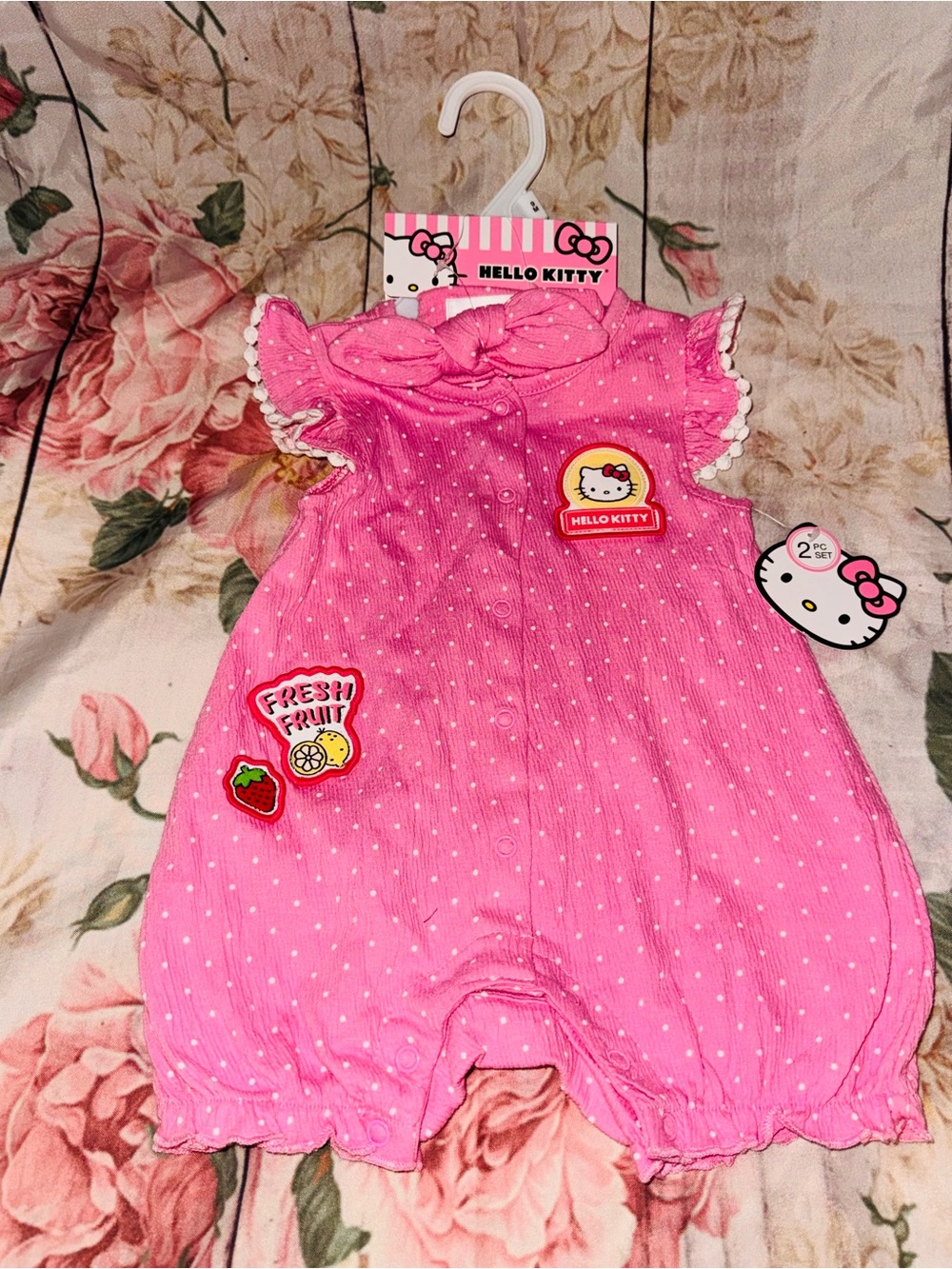Hello Kitty Baby Girl Clothes 2 Pc Set Pink Bubble Romper Polka Dots 9 Months